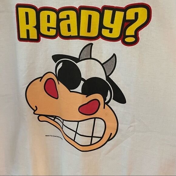 FOL 2003 Coca-Cola Vintage White Graphic Whimsical Cow Swerve Cotton T-Shirt - Picture 4 of 7